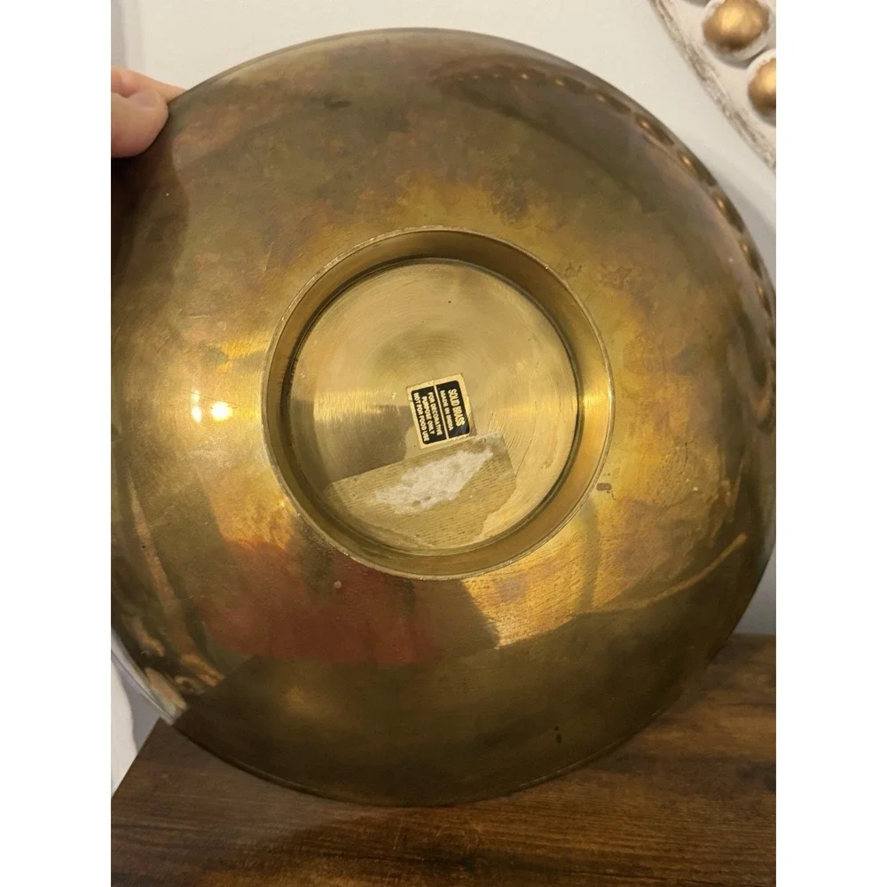 Vintage Solid Brass Hand Painted Folk Art Pedestal Bowl India Heart Dove 11